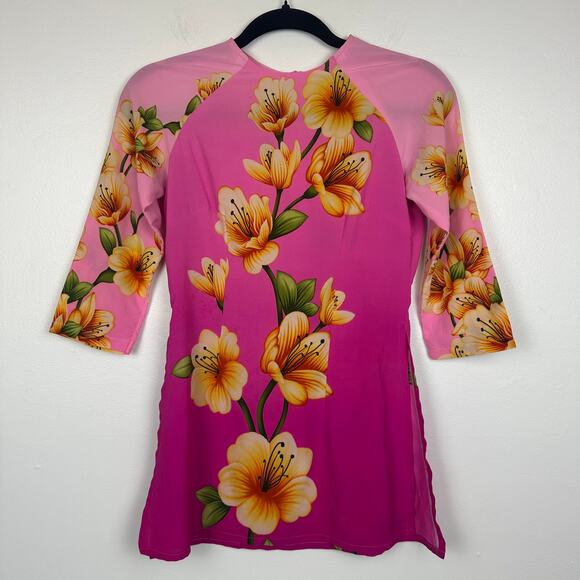 M.M Womens 3/4 Sleeve Crewneck Chiffon Floral Pink/Yellow Tunic Blouse Medium - Picture 1 of 13